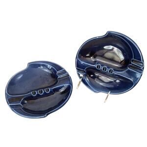 Vintage Mid Century Modern Atomic Blue Glaze Ashtray Set